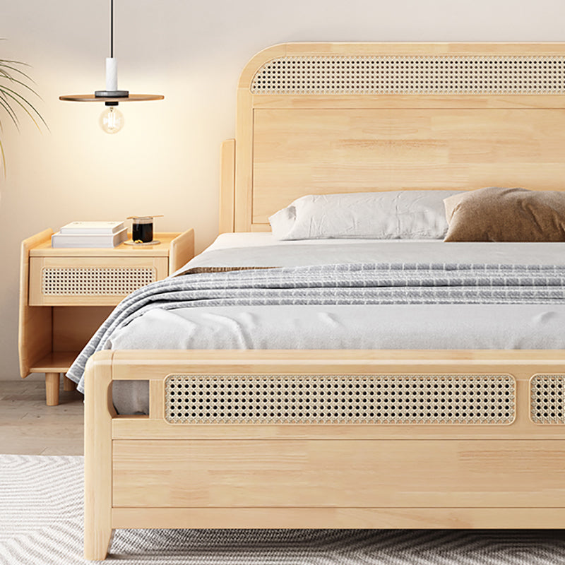 Natural Tropical Standard Bed Rattan and Rubberwood Panel Bed with Headboard