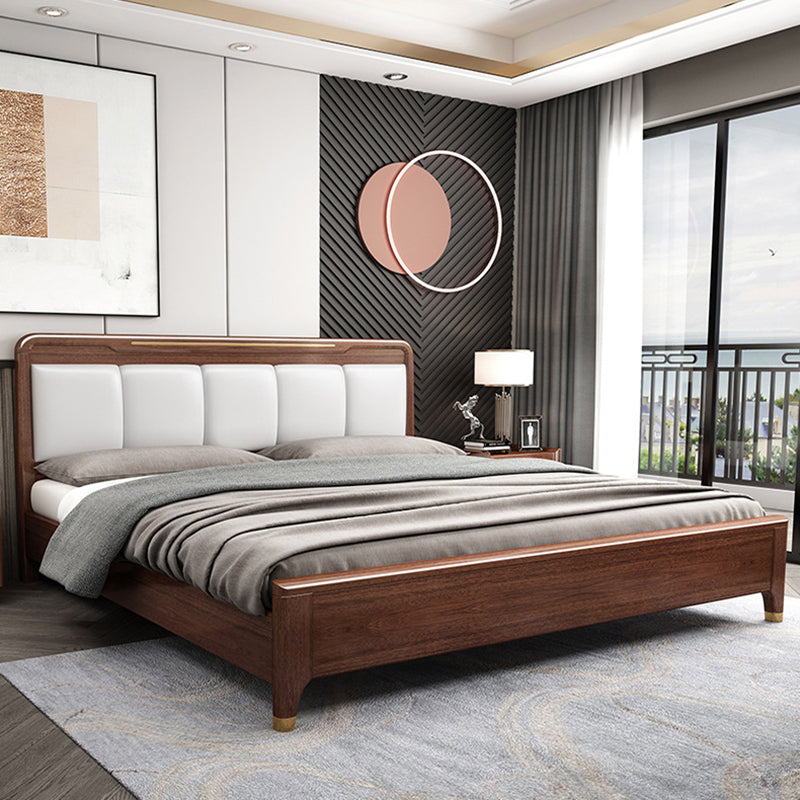 Rubberwood Pine Wood Panel Bed Mid-Century Modern Espresso Standard Bed with Headboard