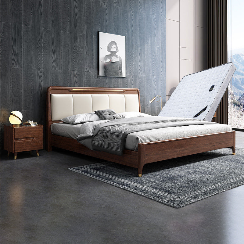 Rubberwood Pine Wood Panel Bed Mid-Century Modern Espresso Standard Bed with Headboard