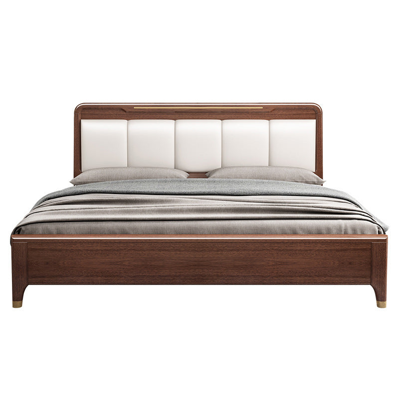 Rubberwood Pine Wood Panel Bed Mid-Century Modern Espresso Standard Bed with Headboard