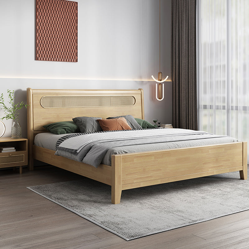 Rectangular Beige Panel Bed Rubberwood and Rattan Bed Frame with Headboard