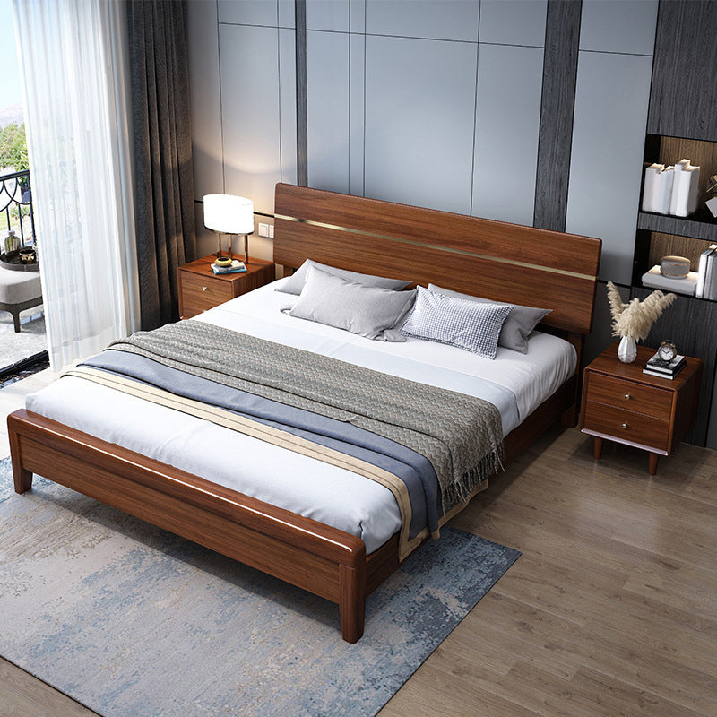 Mid-Century Modern Standard Bed Walnut Espresso Bed Frame With Custom Gold Legs