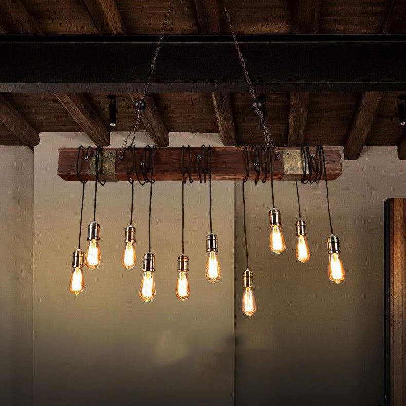 Linear Shape Pendant Light Modern Style Wood 10 Lights Hanging Lamp in Brown