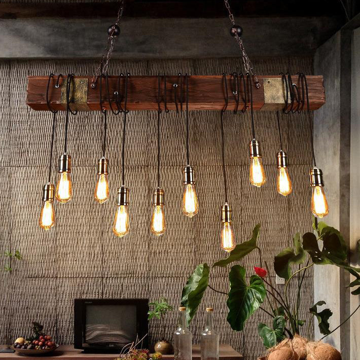 Linear Shape Pendant Light Modern Style Wood 10 Lights Hanging Lamp in Brown