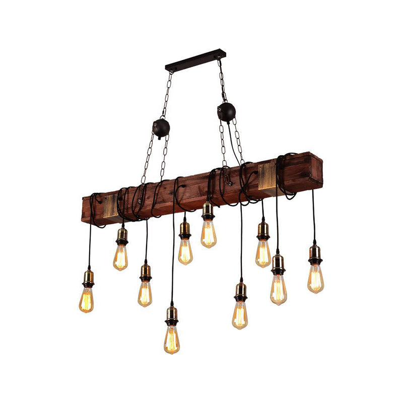 Linear Shape Pendant Light Modern Style Wood 10 Lights Hanging Lamp in Brown