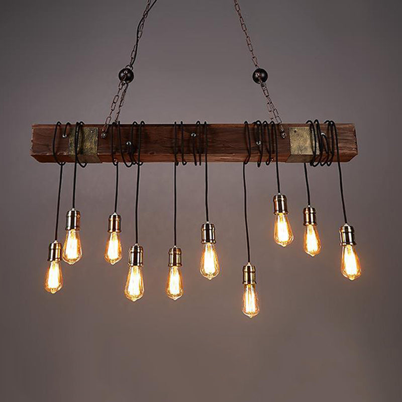 Linear Shape Pendant Light Modern Style Wood 10 Lights Hanging Lamp in Brown