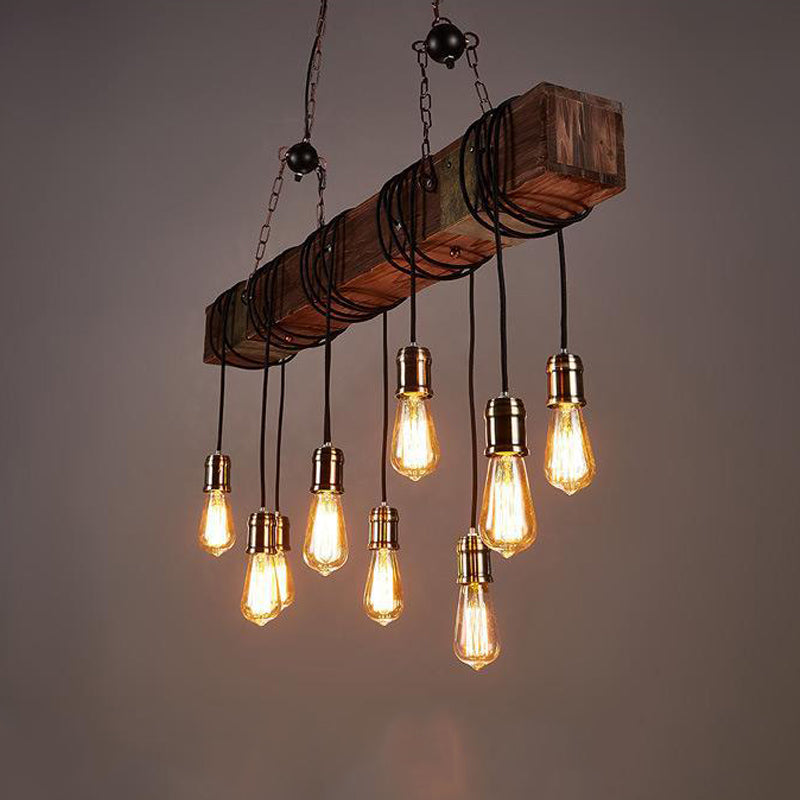 Linear Shape Pendant Light Modern Style Wood 10 Lights Hanging Lamp in Brown