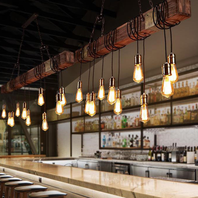 Linear Shape Pendant Light Modern Style Wood 10 Lights Hanging Lamp in Brown