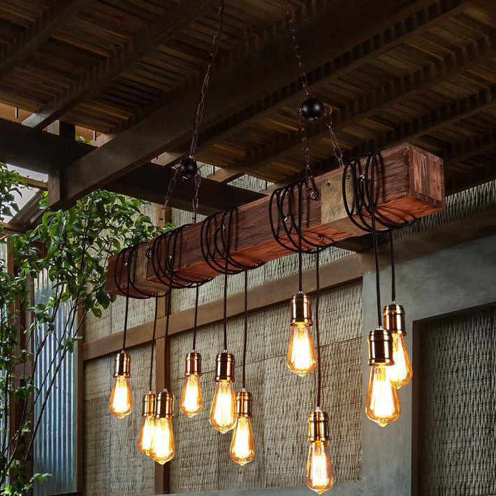 Linear Shape Pendant Light Modern Style Wood 10 Lights Hanging Lamp in Brown