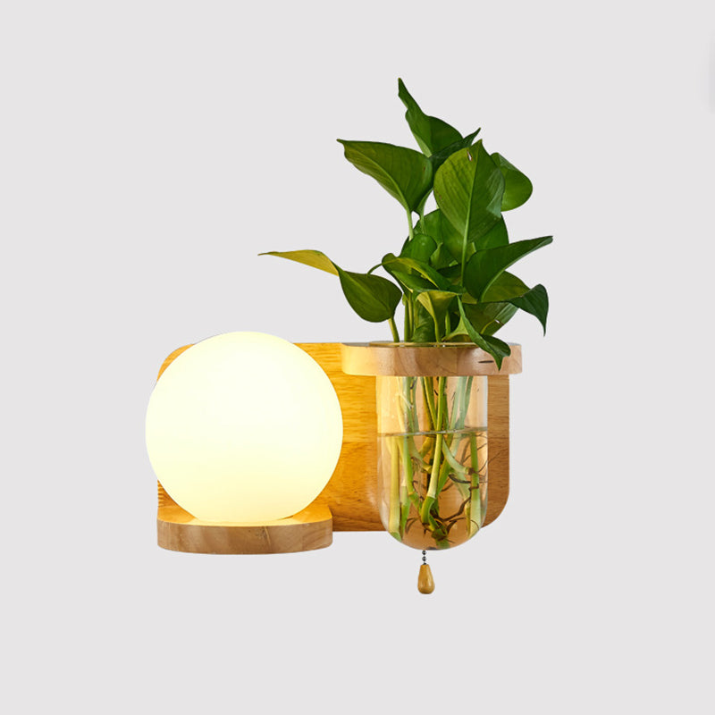 Contemporary Wooden Wall Sconce Simple Wall Light with Glass Shade without Plants