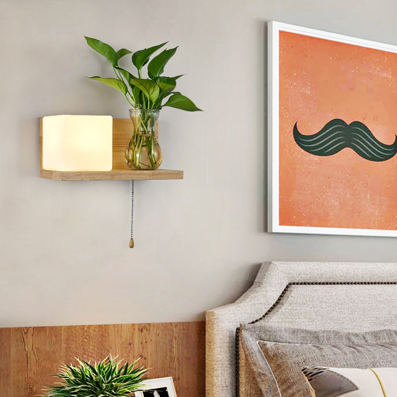 Contemporary Wooden Wall Sconce Simple Wall Light with Glass Shade without Plants
