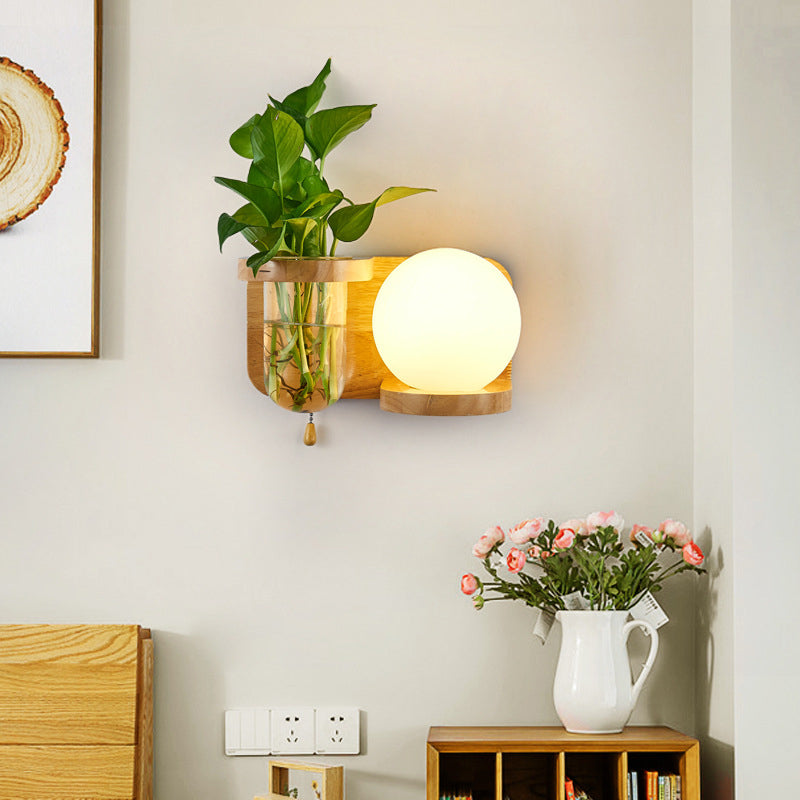 Contemporary Wooden Wall Sconce Simple Wall Light with Glass Shade without Plants