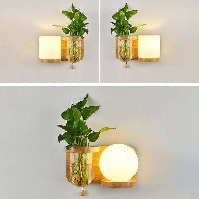 Contemporary Wooden Wall Sconce Simple Wall Light with Glass Shade without Plants