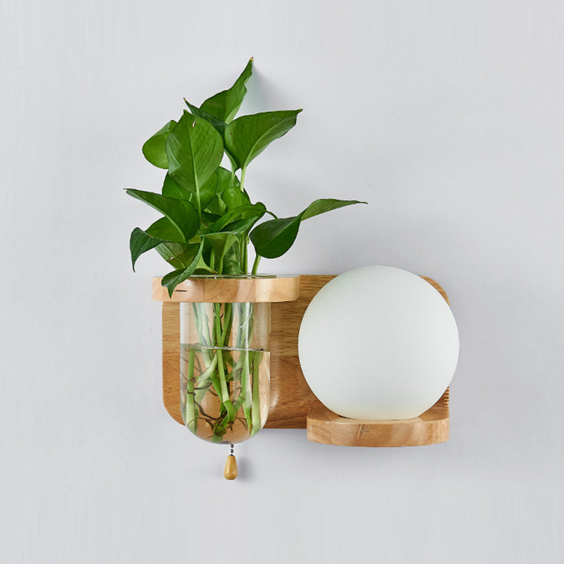 Contemporary Wooden Wall Sconce Simple Wall Light with Glass Shade without Plants