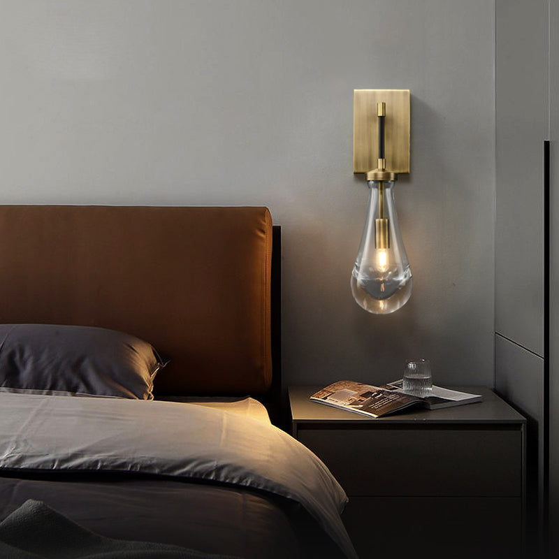 Modern Metal Wall Sconce Drop Shape Wall Light with Glass Shade for Bedroom