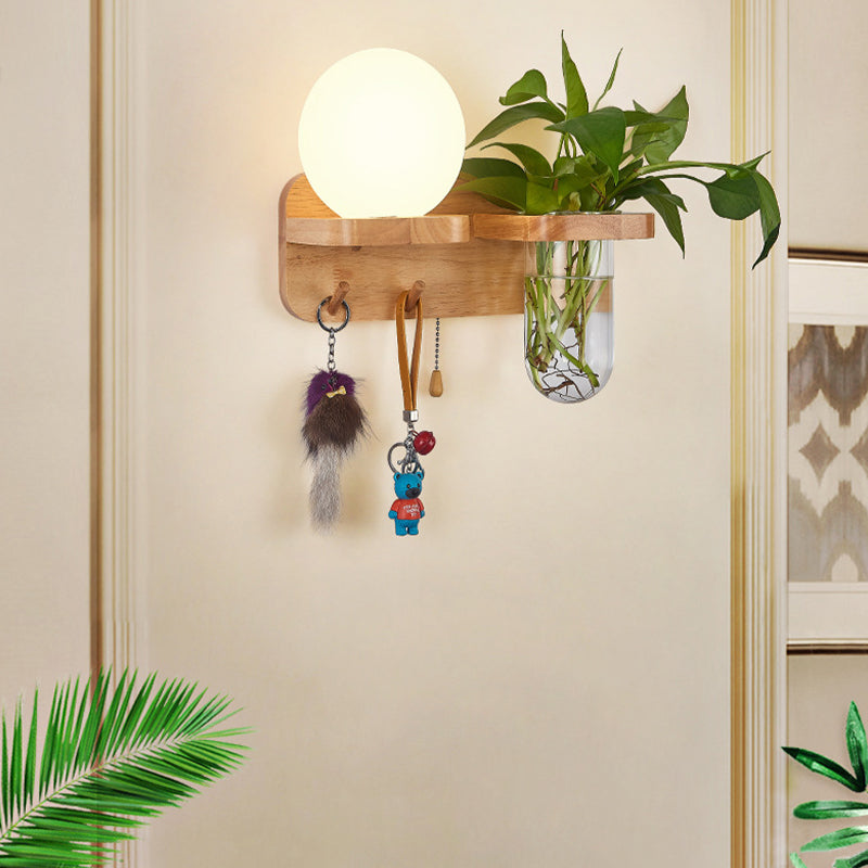 Modern Wooden Wall Sconce Simple Wall Light with Glass Shade without Plants