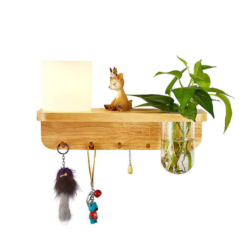 Modern Wooden Wall Sconce Simple Wall Light with Glass Shade without Plants