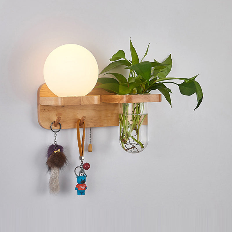 Modern Wooden Wall Sconce Simple Wall Light with Glass Shade without Plants