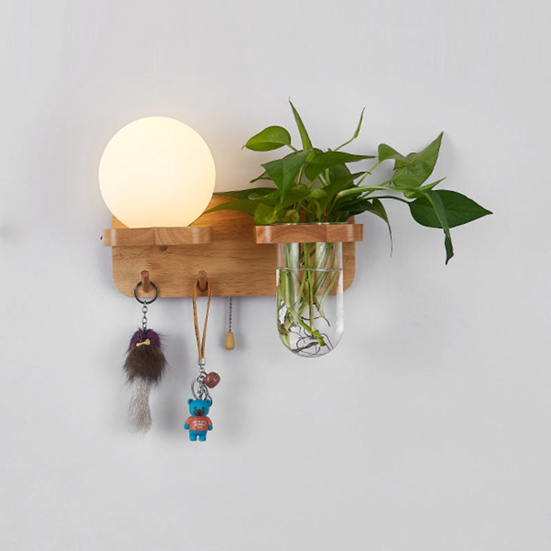 Modern Wooden Wall Sconce Simple Wall Light with Glass Shade without Plants