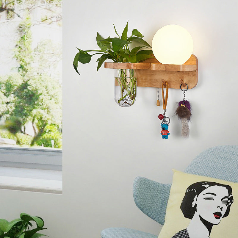 Modern Wooden Wall Sconce Simple Wall Light with Glass Shade without Plants