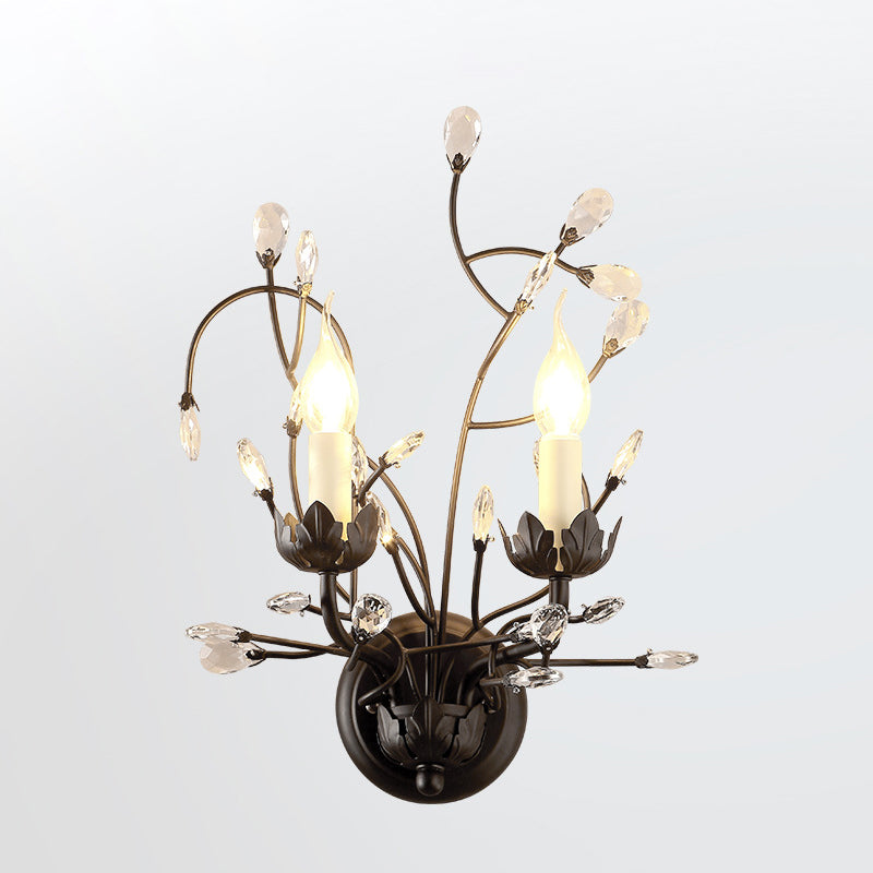 Crystal Candle Shape Wall Sconce Modern Style 2 Lights Wall Light Fixture in Black