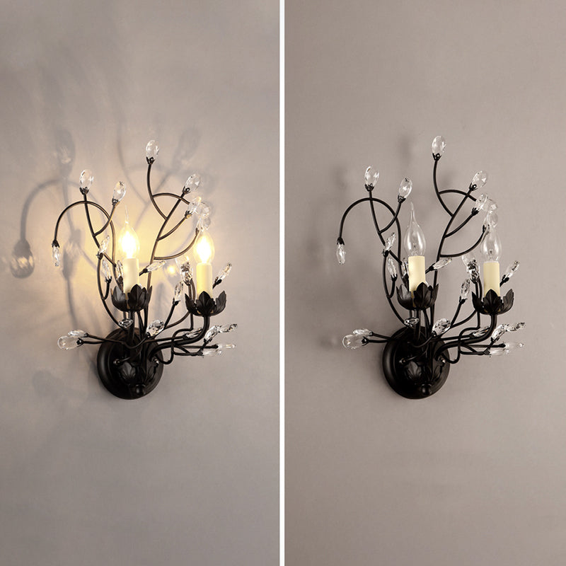 Crystal Candle Shape Wall Sconce Modern Style 2 Lights Wall Light Fixture in Black