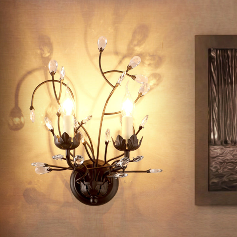 Crystal Candle Shape Wall Sconce Modern Style 2 Lights Wall Light Fixture in Black