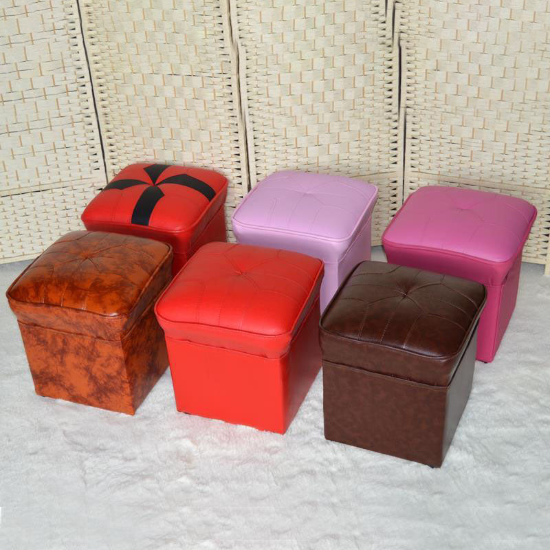 Mid-Century Modern Pouf Ottoman Faux Leather Upholstered Solid Color Square Ottoman