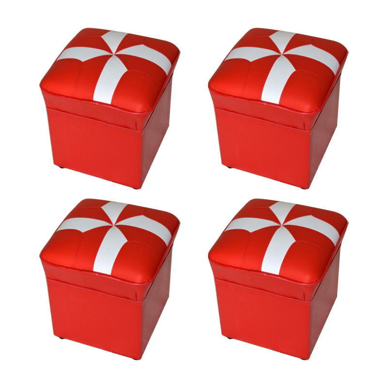 Mid-Century Modern Pouf Ottoman Faux Leather Upholstered Solid Color Square Ottoman