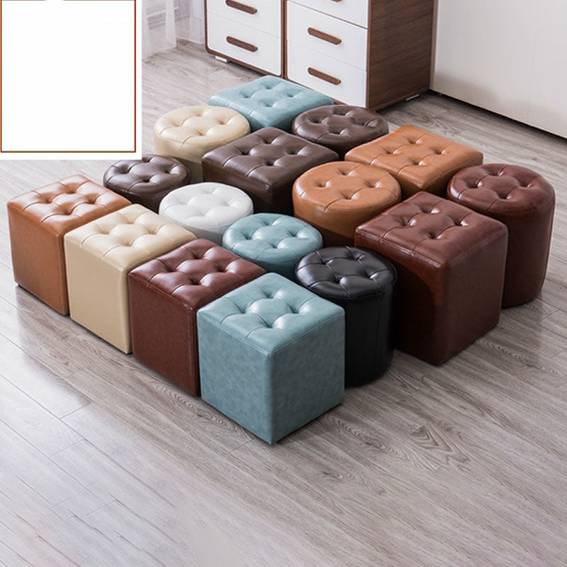 Modern Pouf Ottoman Genuine Leather Upholstered Tufted Solid Color Ottoman