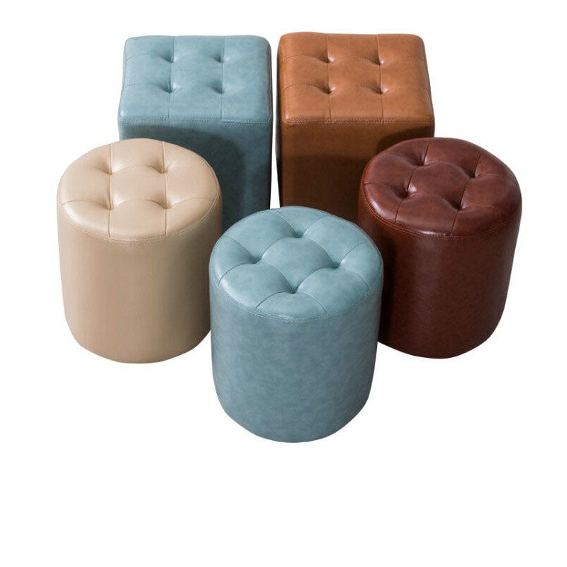 Modern Pouf Ottoman Genuine Leather Upholstered Tufted Solid Color Ottoman
