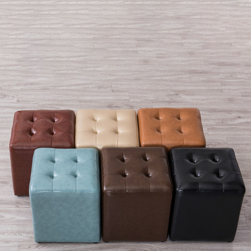 Modern Pouf Ottoman Genuine Leather Upholstered Tufted Solid Color Ottoman