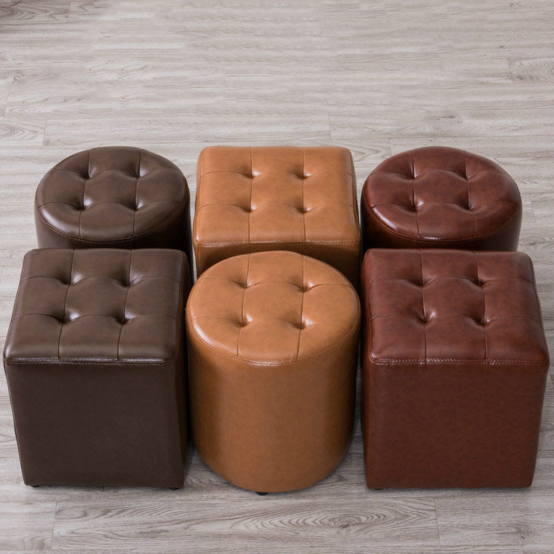 Modern Pouf Ottoman Genuine Leather Upholstered Tufted Solid Color Ottoman