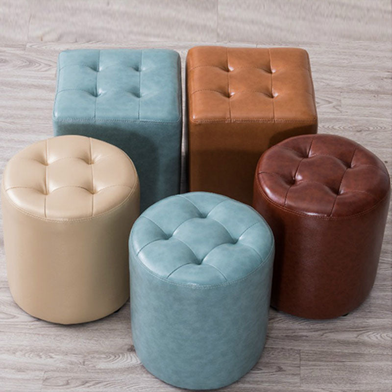 Modern Pouf Ottoman Genuine Leather Upholstered Tufted Solid Color Ottoman