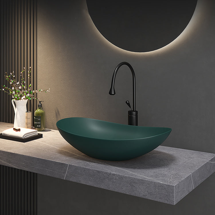 Contemporary Bathroom Sink Porcelain Oval-Shape Vessel Lavatory Sink with Pop-Up Drain