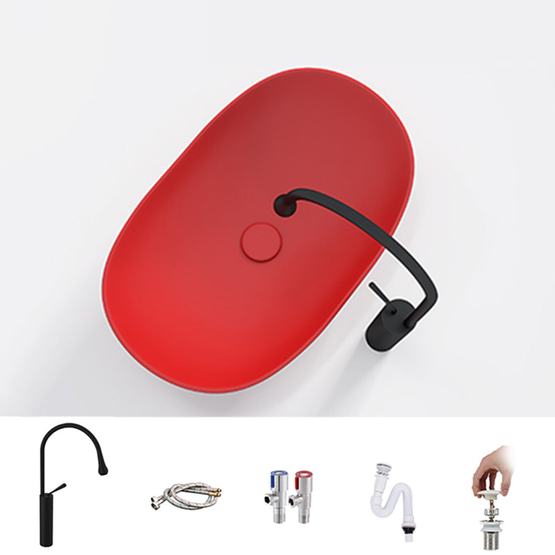 Contemporary Bathroom Sink Porcelain Oval-Shape Vessel Lavatory Sink with Pop-Up Drain