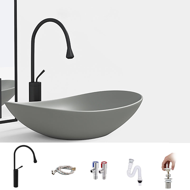 Contemporary Bathroom Sink Porcelain Oval-Shape Vessel Lavatory Sink with Pop-Up Drain