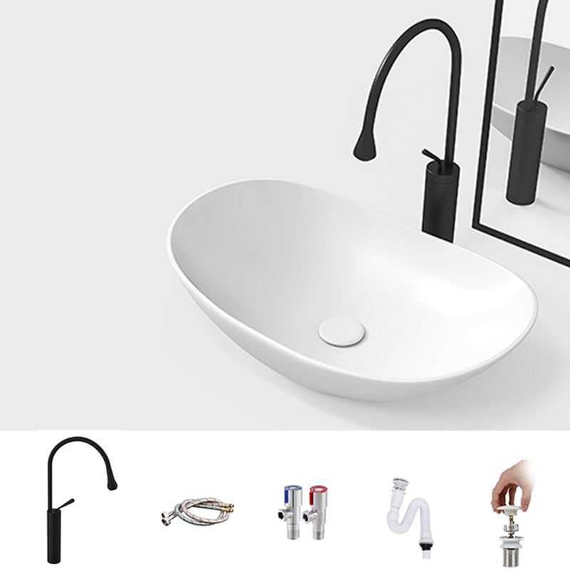 Contemporary Bathroom Sink Porcelain Oval-Shape Vessel Lavatory Sink with Pop-Up Drain