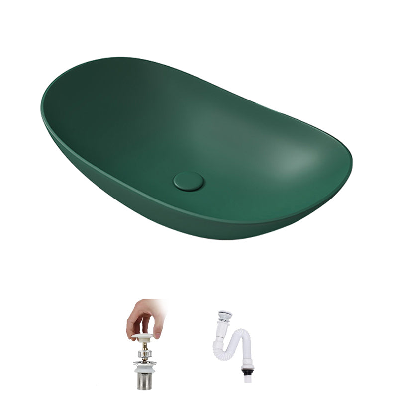Contemporary Bathroom Sink Porcelain Oval-Shape Vessel Lavatory Sink with Pop-Up Drain
