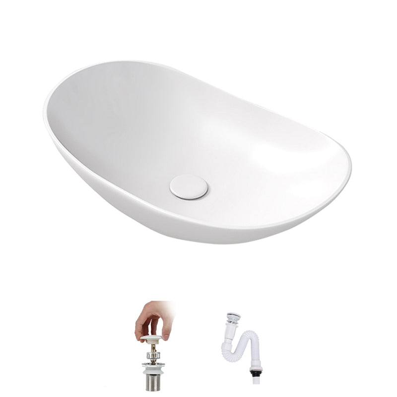Contemporary Bathroom Sink Porcelain Oval-Shape Vessel Lavatory Sink with Pop-Up Drain