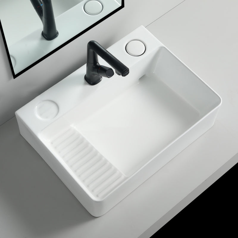 Modern Bathroom Sink Porcelain Rectangular Vessel Lavatory Sink with Pop-Up Drain