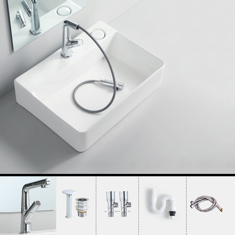 Modern Bathroom Sink Porcelain Rectangular Vessel Lavatory Sink with Pop-Up Drain