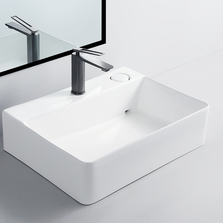 Modern Bathroom Sink Porcelain Rectangular Vessel Lavatory Sink with Pop-Up Drain