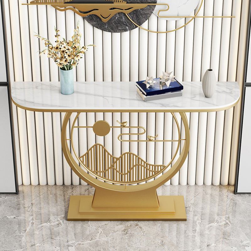 31.49" High Stone Console Table Half Moon Accent Table with Iron Frame