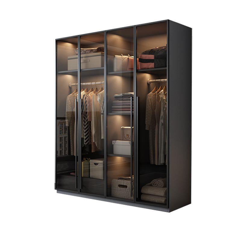 Modern Style Hinged Door Wardrobe for Bedroom Grey Cabinet with Glass Doors