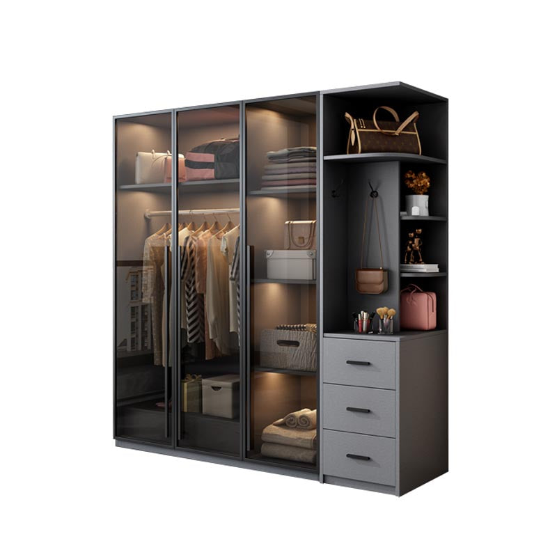 Modern Style Hinged Door Wardrobe for Bedroom Grey Cabinet with Glass Doors