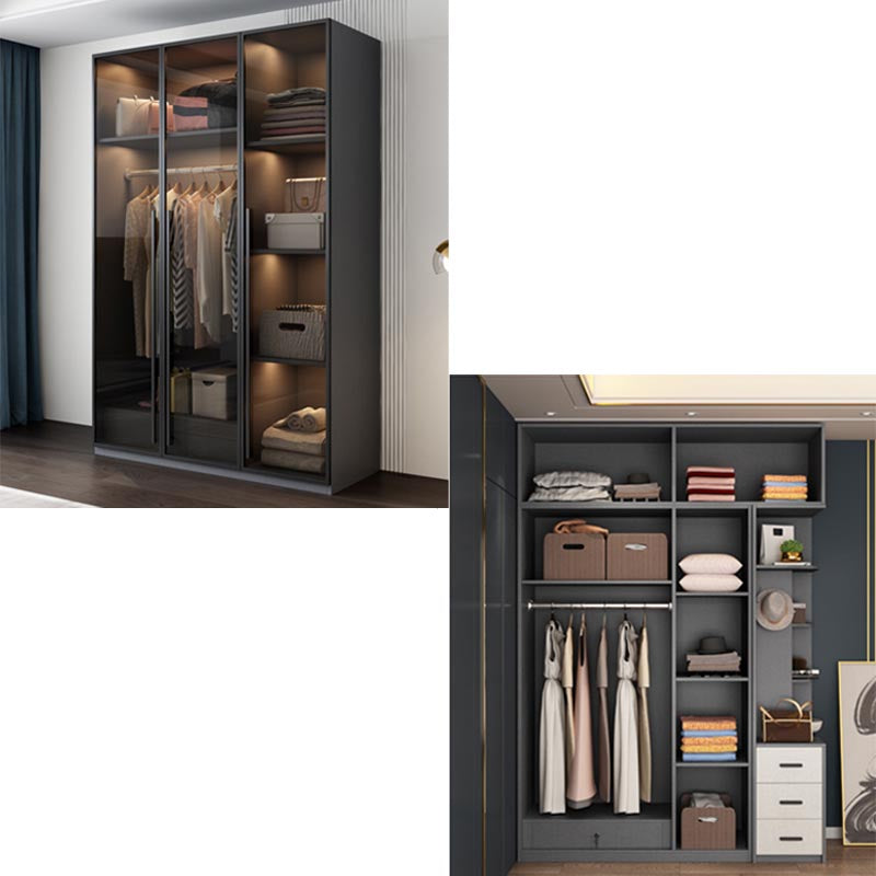 Modern Style Hinged Door Wardrobe for Bedroom Grey Cabinet with Glass Doors