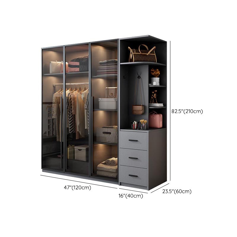 Modern Style Hinged Door Wardrobe for Bedroom Grey Cabinet with Glass Doors