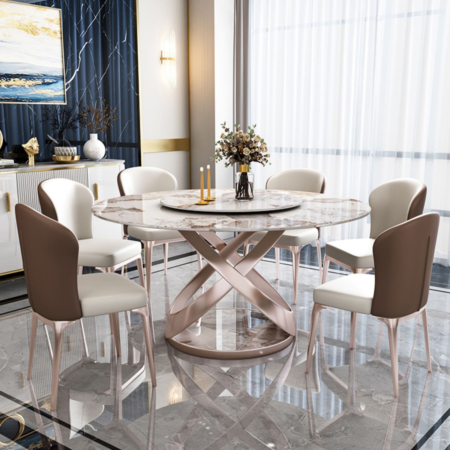 Sintered Stone Dining Table Set 1/4/5/7 Pcs Round Dining Table and Upholstered Chairs