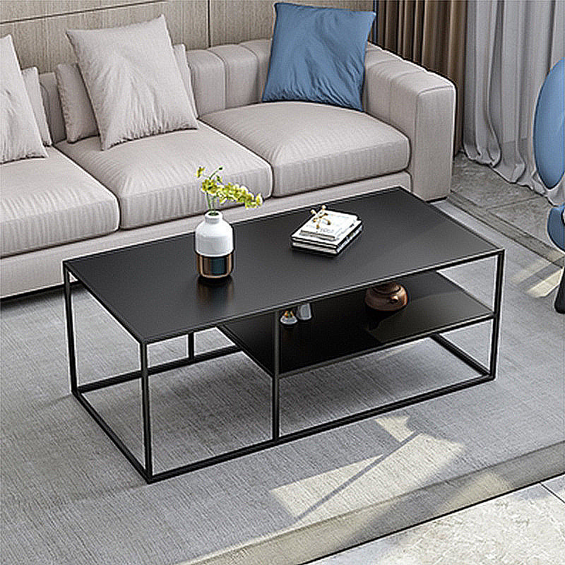 Black Finish Metal Rectangular Coffee Cocktail Table with Storage Shelf